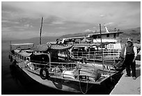 Boats on a pier of Erhai Lake. Dali, Yunnan, China (black and white)