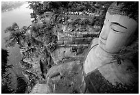 Da Fo (Grand Buddha) with staircase in cliffside and river in the background. Leshan, Sichuan, China ( black and white)
