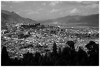 Old town, new town, and surrounding fields seen from Wangu tower. Lijiang, Yunnan, China ( black and white)