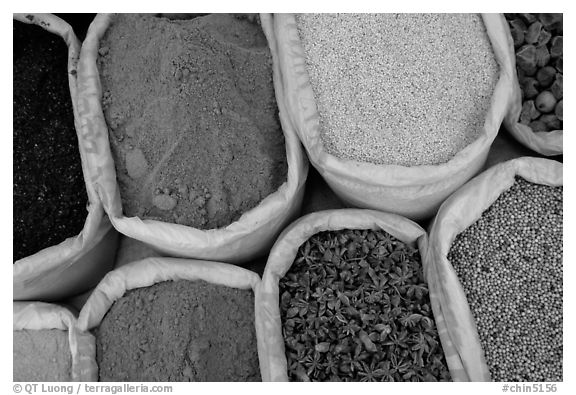 Spices for sale at the market.  (black and white)