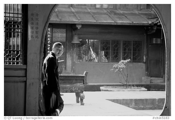 Monk in Jinding Si temple. Emei Shan, Sichuan, China (black and white)