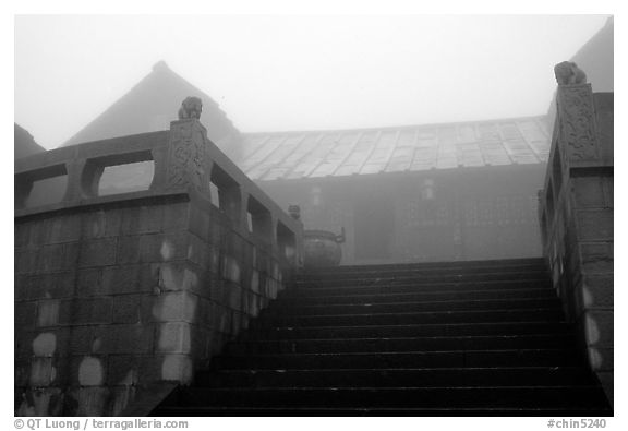 Xixiangchi temple in the fog. Emei Shan, Sichuan, China (black and white)