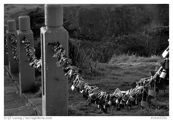 Chain locks added by pilgrims. Emei Shan, Sichuan, China (black and white)