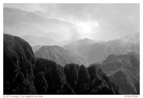 Forest-covered slopes and ridges of Emei Shan. Emei Shan, Sichuan, China (black and white)