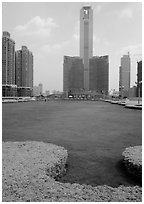 Landscaped plaza and highrises near the East train station. Guangzhou, Guangdong, China ( black and white)