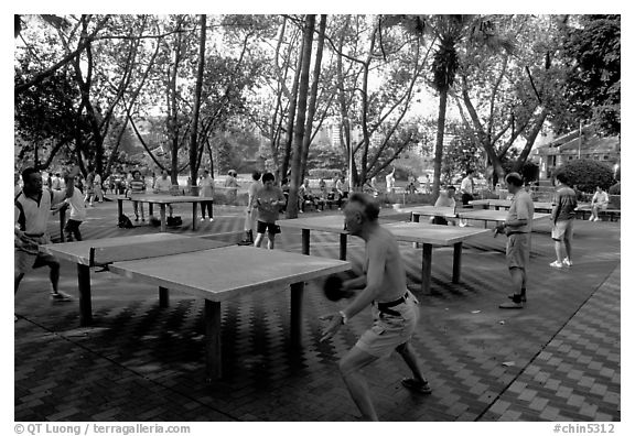 Playing table tennis, Liuha Park. Guangzhou, Guangdong, China (black and white)