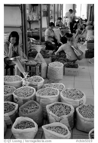 Woman selling dried food items inside the Qingping market. Guangzhou, Guangdong, China (black and white)