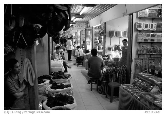 Strange foods for sale inside the Qingping market. Guangzhou, Guangdong, China (black and white)