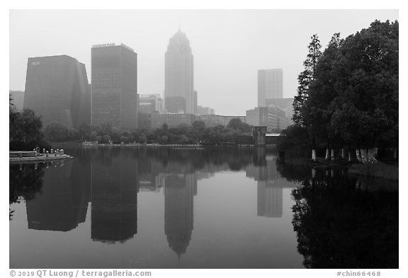 Ningbo Southern Business District skyline in mist.  (black and white)