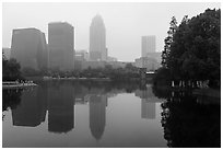 Ningbo Southern Business District skyline in mist.  ( black and white)