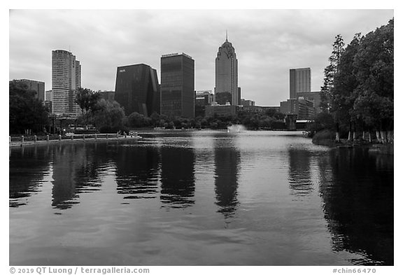Southern Business District skyline from Yinzhou Park, Ningbo.  (black and white)