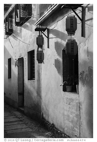 Wall with lanterns. Hongcun Village, Anhui, China (black and white)