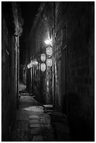 Alley with lanterns at night. Hongcun Village, Anhui, China ( black and white)