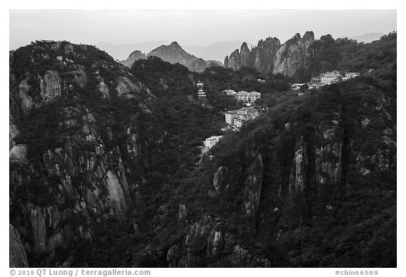 Hotels perched near montaintop. Huangshan Mountain, China (black and white)