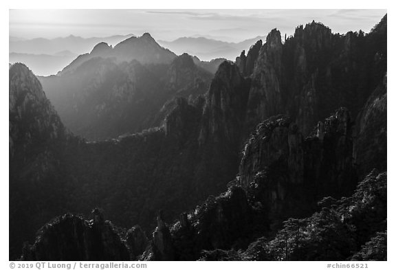 Granite spires, early morning. Huangshan Mountain, China (black and white)