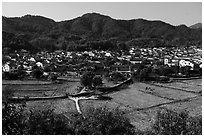 Fields and village. Xidi Village, Anhui, China ( black and white)
