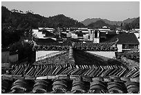 Slate tiles on roofs. Xidi Village, Anhui, China ( black and white)