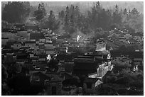 Village from above with morning mist. Xidi Village, Anhui, China ( black and white)