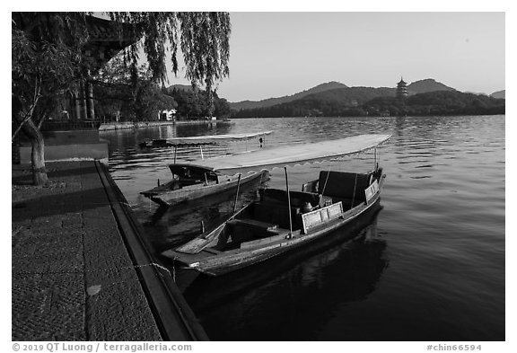 Boats and Leifeng Pagoda, West Lake. Hangzhou, China (black and white)
