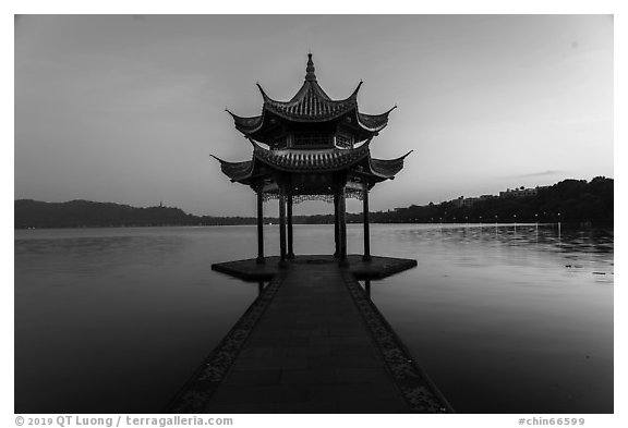 Tinwanqishe Pavilion at dawn, West Lake. Hangzhou, China (black and white)