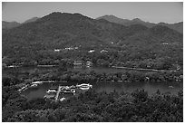 Hills, West Lake and causeway from above. Hangzhou, China ( black and white)