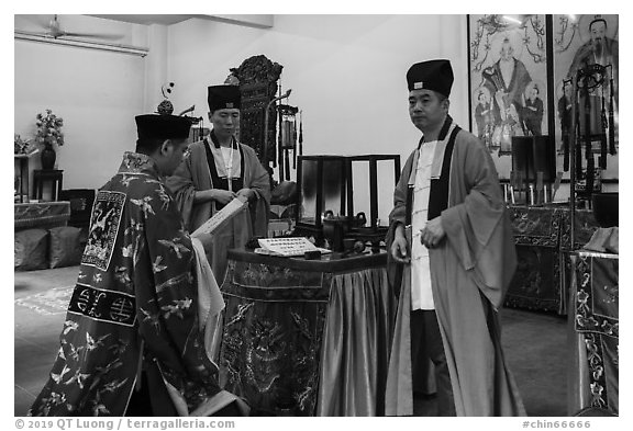 Priests officing, Dajing Taoist temple. Shanghai, China (black and white)