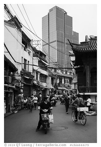 Old street and modern tower. Shanghai, China (black and white)