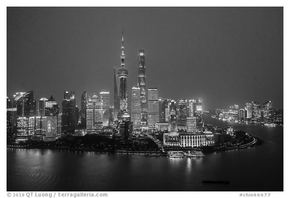 Shanghai skyline at dusk from above. Shanghai, China (black and white)