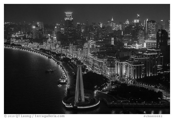 Illuminated Bund at night from above. Shanghai, China (black and white)