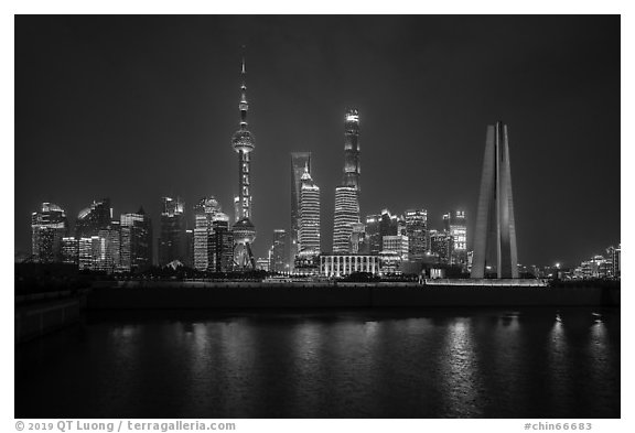 Peoples Memorial and city skyline at night. Shanghai, China (black and white)
