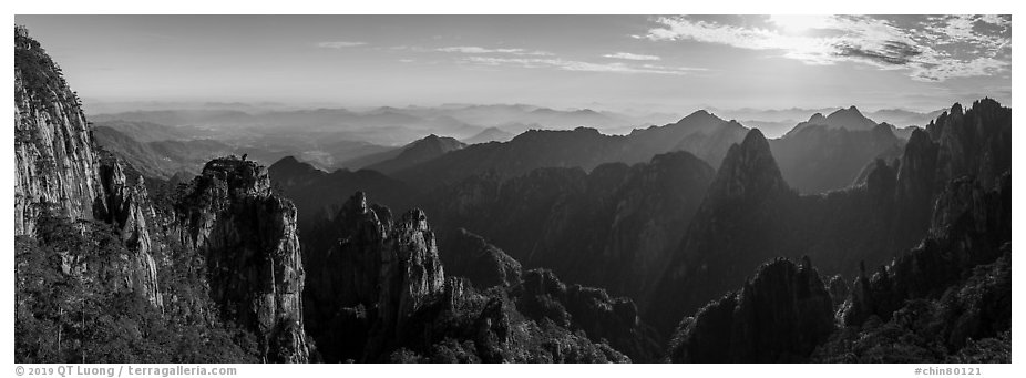 Peculiarly-shaped granite peaks and ridges. Huangshan Mountain, China (black and white)