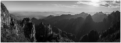 Peculiarly-shaped granite peaks and ridges. Huangshan Mountain, China (Panoramic black and white)