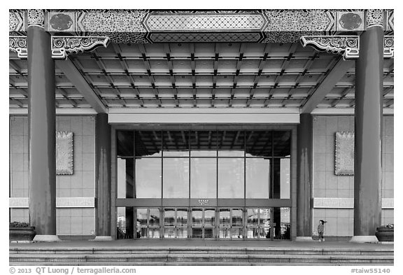 National Theater with reflections of National Concert Hall. Taipei, Taiwan (black and white)
