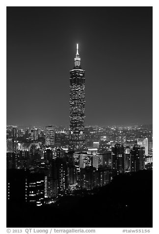 Taipei 101 tower from above at night. Taipei, Taiwan (black and white)