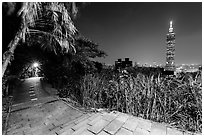 Path on Elephant Mountain with Taipei 101 in the distance at night. Taipei, Taiwan (black and white)
