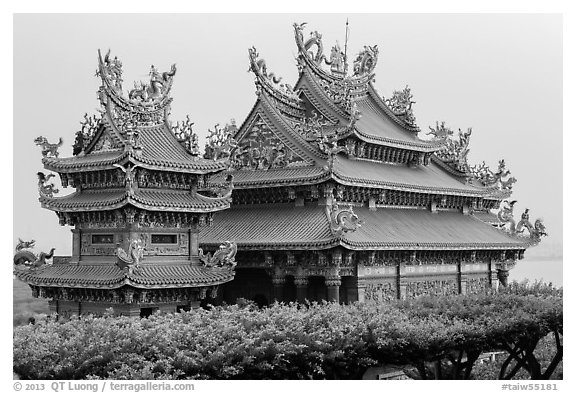 Guandu Temple from the hillside gardens. Taipei, Taiwan (black and white)