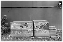 Painted electric utilities boxes with surveillance camera. Taipei, Taiwan ( black and white)