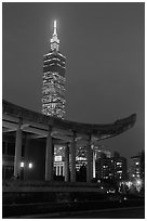 Sun Yat-sen Memorial Hall and Taipei 101 at dusk. Taipei, Taiwan (black and white)