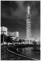 Taipei 101 at night from city hall plaza. Taipei, Taiwan (black and white)