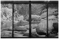 Doors decorated with landscape photographs, Visitor center. Taroko National Park, Taiwan (black and white)