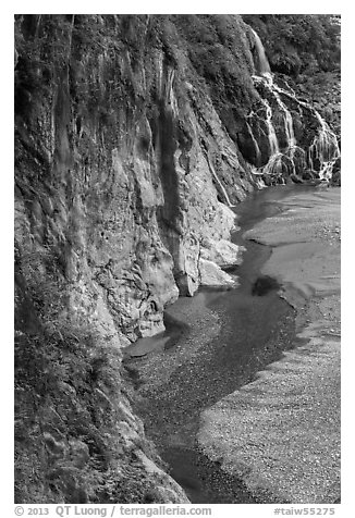 Cliffs, stream, and waterfall. Taroko National Park, Taiwan (black and white)