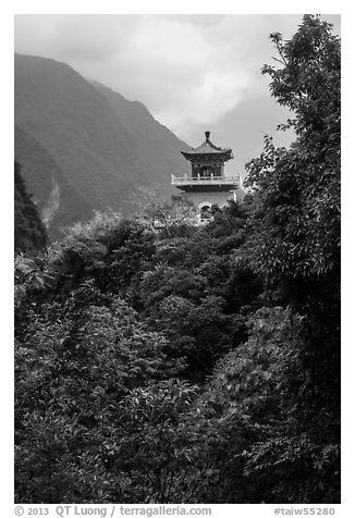Changuang Temple nested in verdant cliffs. Taroko National Park, Taiwan (black and white)