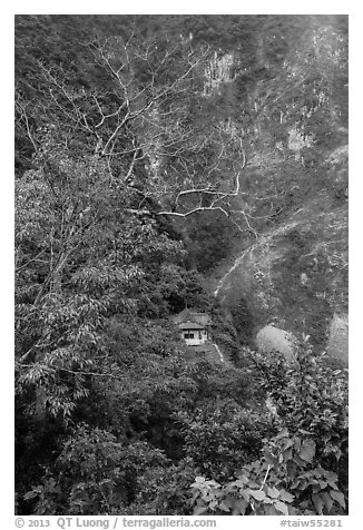 Trees, temple, and cliffs, Taroko Gorge. Taroko National Park, Taiwan