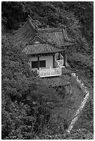 Temple with red tile roof seen from above, Taroko Gorge. Taroko National Park, Taiwan (black and white)