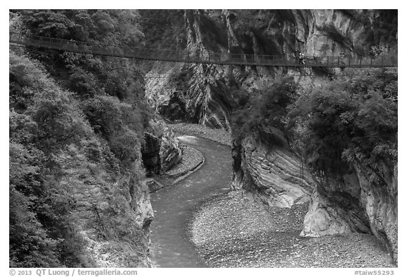 Gorge and suspension bridge, Taroko Gorge. Taroko National Park, Taiwan (black and white)