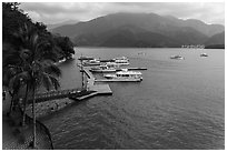 Dock and boats. Sun Moon Lake, Taiwan (black and white)