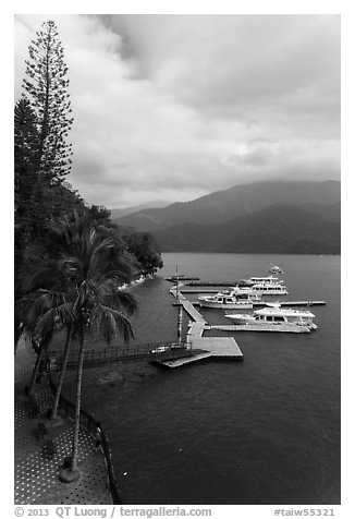Promenade and boat pier. Sun Moon Lake, Taiwan (black and white)