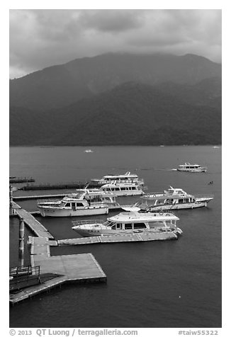 Tour boats. Sun Moon Lake, Taiwan (black and white)