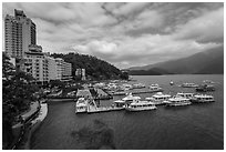 Shueishe Village waterfront and pier. Sun Moon Lake, Taiwan (black and white)