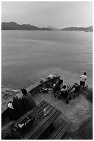 Family fishing. Sun Moon Lake, Taiwan (black and white)